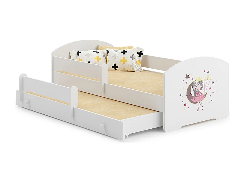 Cama Doble Infantil Blanca Dibujo Princesa Durmiente Con Barandillas 160x80 cm con Cama Inferior 145x80 cm – Incluye 2 Colchones y Estructuras