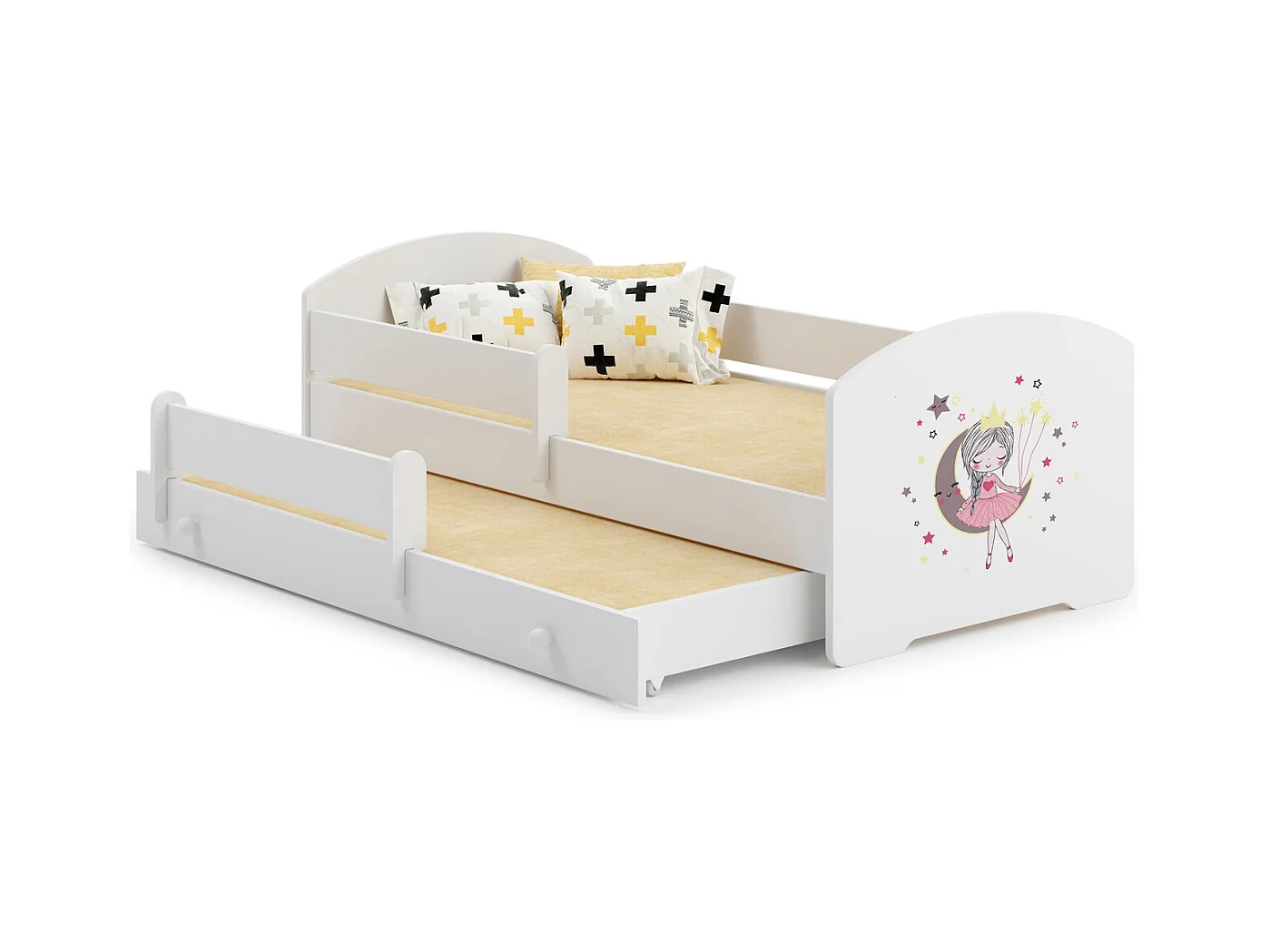 Cama Doble Infantil Blanca Dibujo Princesa Durmiente Con Barandillas 160x80 cm con Cama Inferior 145x80 cm – Incluye 2 Colchones y Estructuras