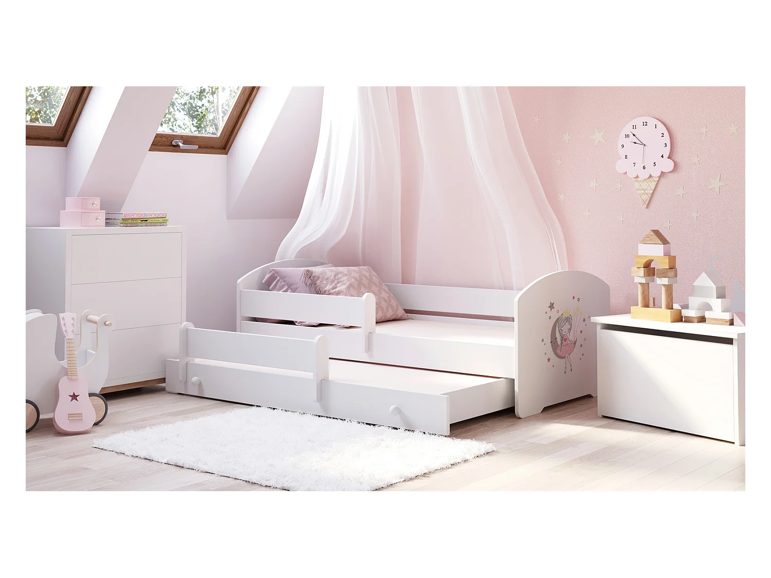 Cama Doble Infantil Blanca Dibujo Princesa Durmiente Con Barandillas 160x80 cm con Cama Inferior 145x80 cm – Incluye 2 Colchones y Estructuras