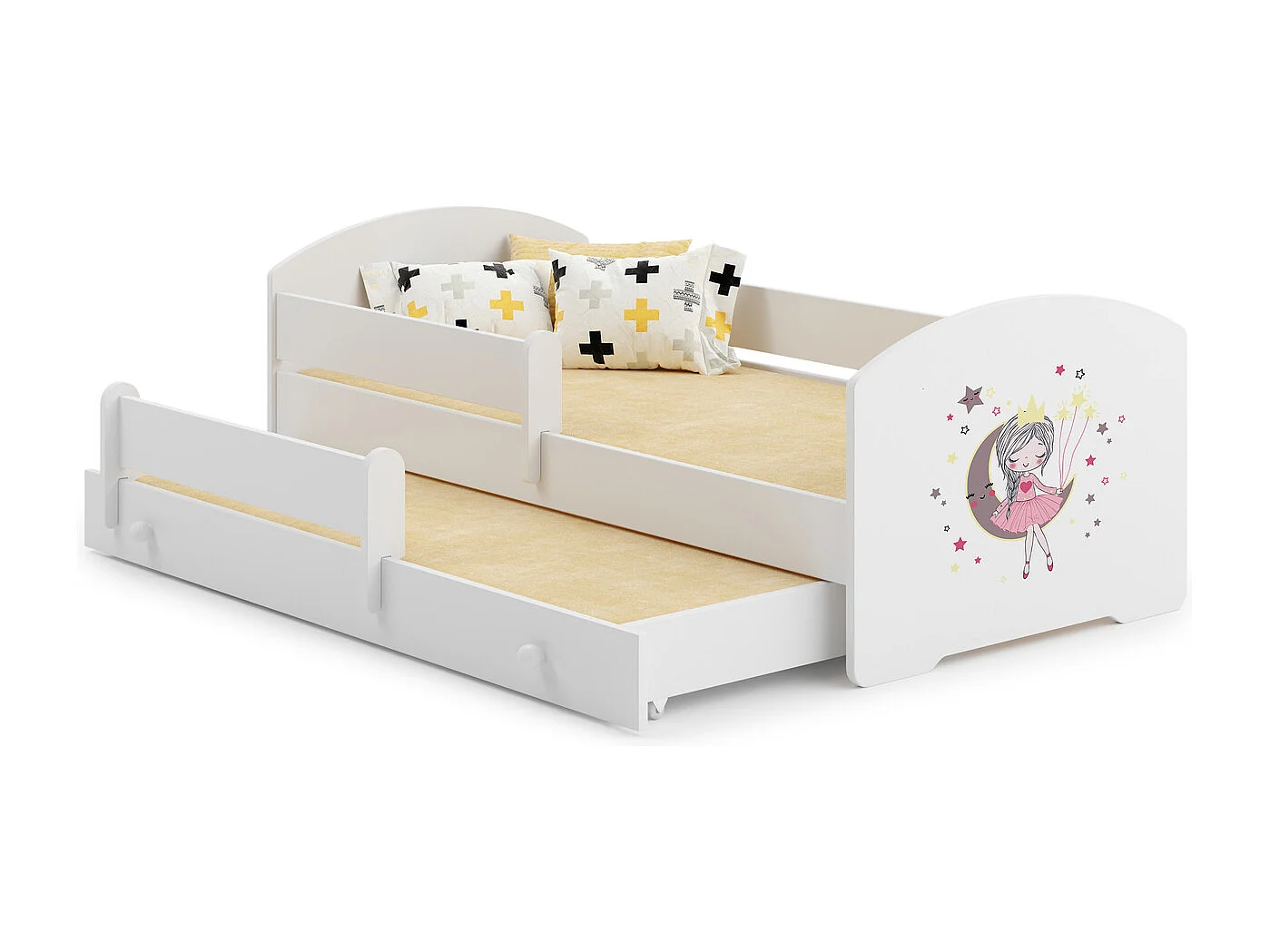Cama Doble Infantil Blanca Dibujo Princesa Durmiente Con Barandillas 160x80 cm con Cama Inferior 145x80 cm – Incluye 2 Colchones y Estructuras