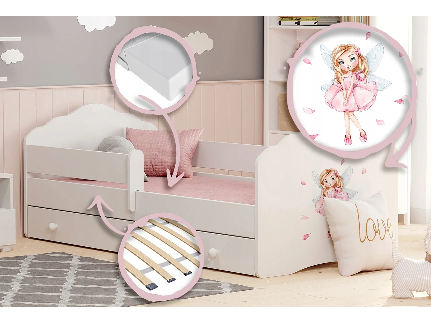 Cama Infantil Blanca 160x80 cm Dibujo Hada con Cajón y Barandilla – Incluye Colchón de Espuma, Estructura Completa 164x88x63 cm, Diseño Seguro