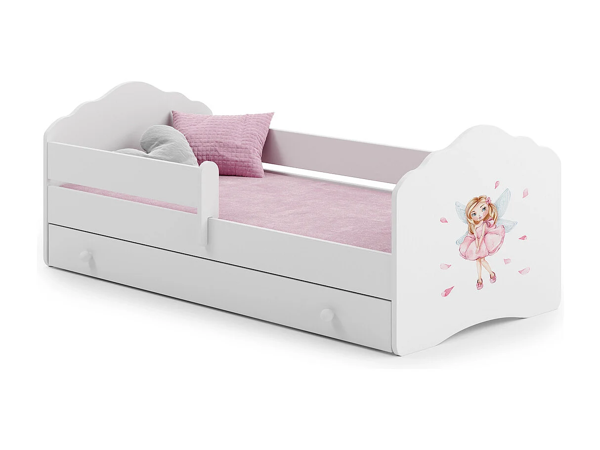 Cama Infantil Blanca 160x80 cm Dibujo Hada con Cajón y Barandilla – Incluye Colchón de Espuma, Estructura Completa 164x88x63 cm, Diseño Seguro