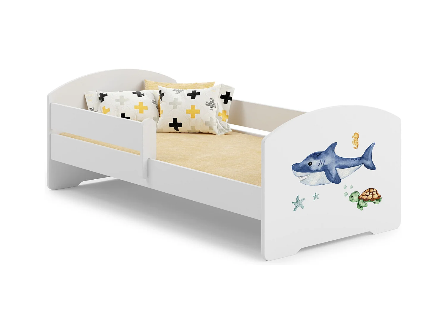 Cama Infantil Blanca 140x70 cm Dibujo Tiburón con Barandilla – Incluye Colchón de Espuma y Estructura Completa, Dimensiones 144 cm x77 cm x56 cm