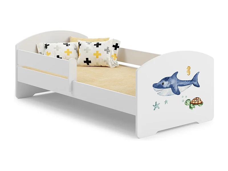 Cama Infantil Blanca 140x70 cm Dibujo Tiburón con Barandilla – Incluye Colchón de Espuma y Estructura Completa, Dimensiones 144 cm x77 cm x56 cm