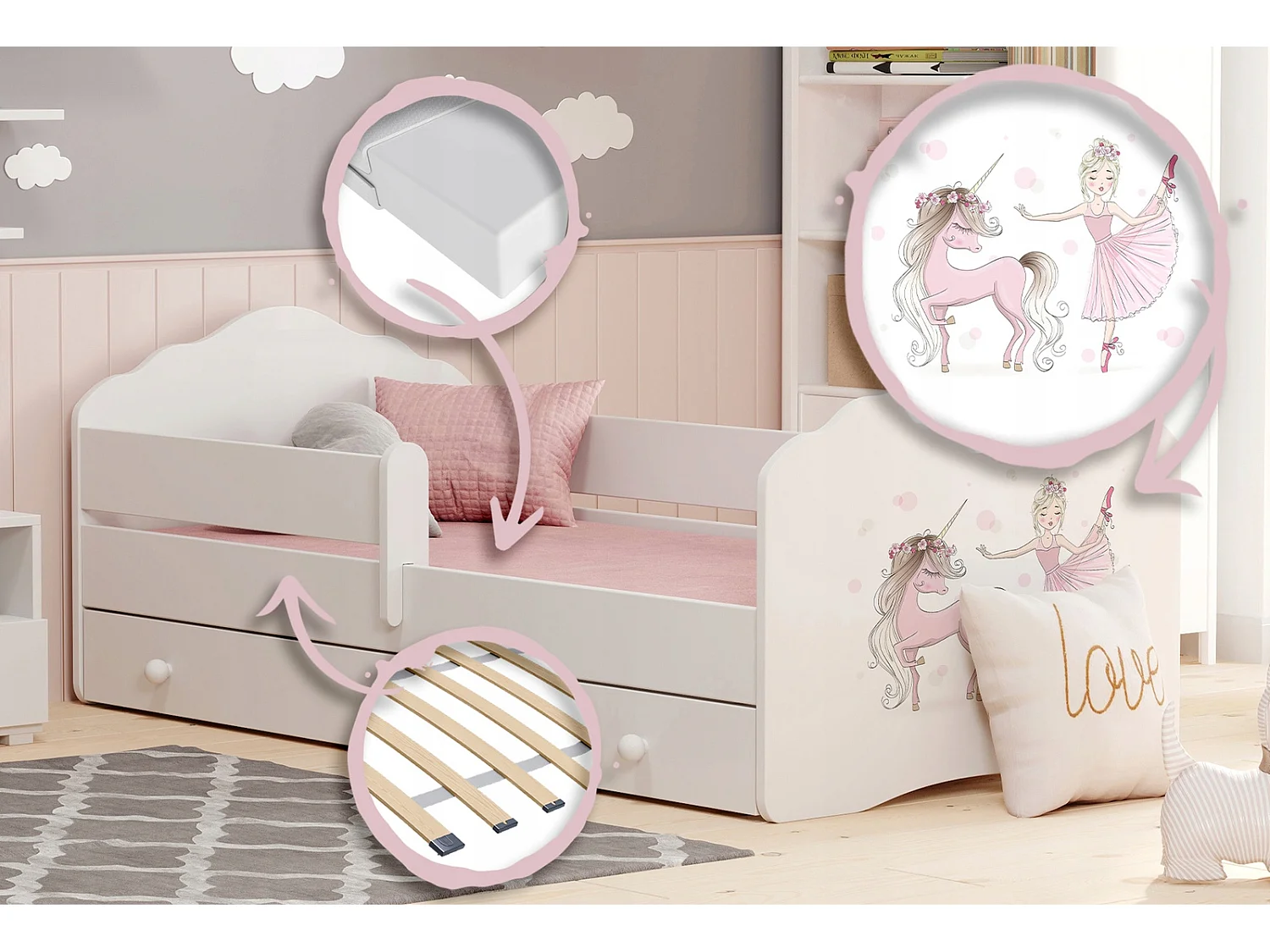 Cama Infantil Blanca 160x80 cm Dibujo Niña Unicornio con Cajón y Barandilla – Incluye Colchón de Espuma, Estructura Completa 164x88x63 cm