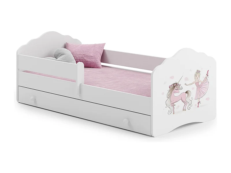 Cama Infantil Blanca 160x80 cm Dibujo Niña Unicornio con Cajón y Barandilla – Incluye Colchón de Espuma, Estructura Completa 164x88x63 cm