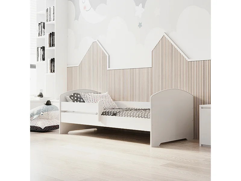 Cama Infantil Blanca 140x70 cm Moderno con Barandilla – Incluye Colchón de Espuma y Estructura Completa, Dimensiones 144 cm x77 cm x56 cm