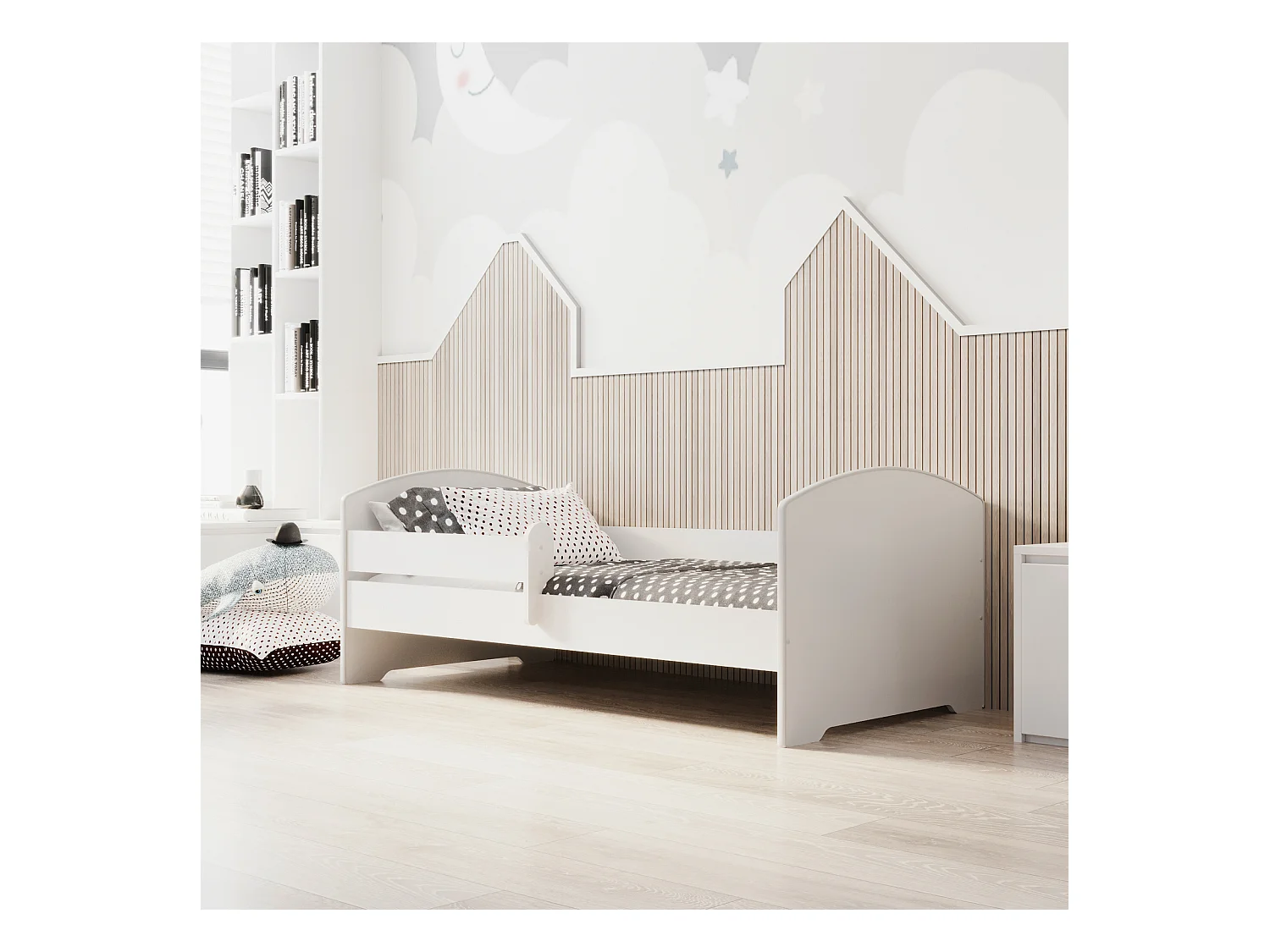 Cama Infantil Blanca 140x70 cm Moderno con Barandilla – Incluye Colchón de Espuma y Estructura Completa, Dimensiones 144 cm x77 cm x56 cm