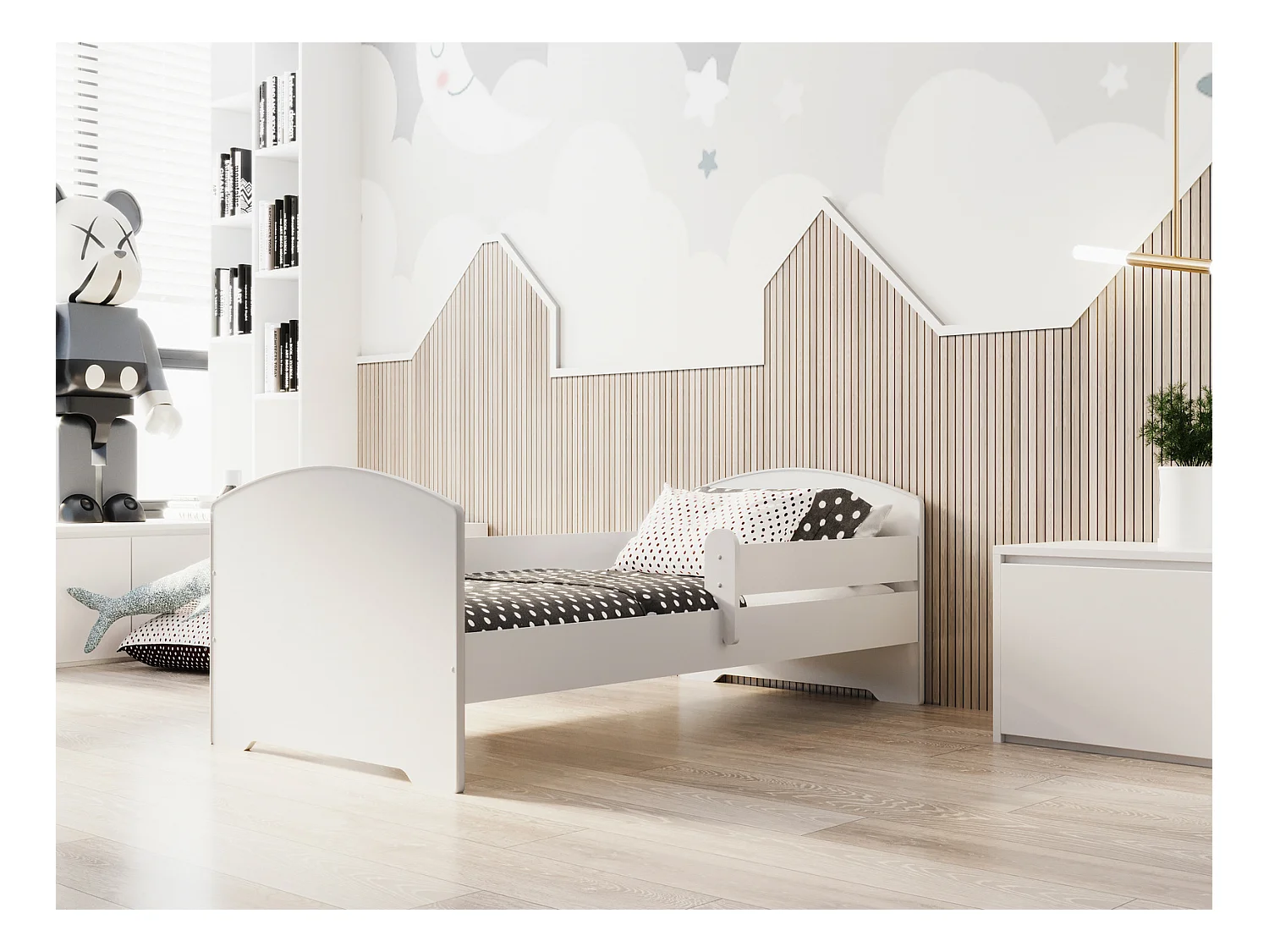 Cama Infantil Blanca 140x70 cm Moderno con Barandilla – Incluye Colchón de Espuma y Estructura Completa, Dimensiones 144 cm x77 cm x56 cm