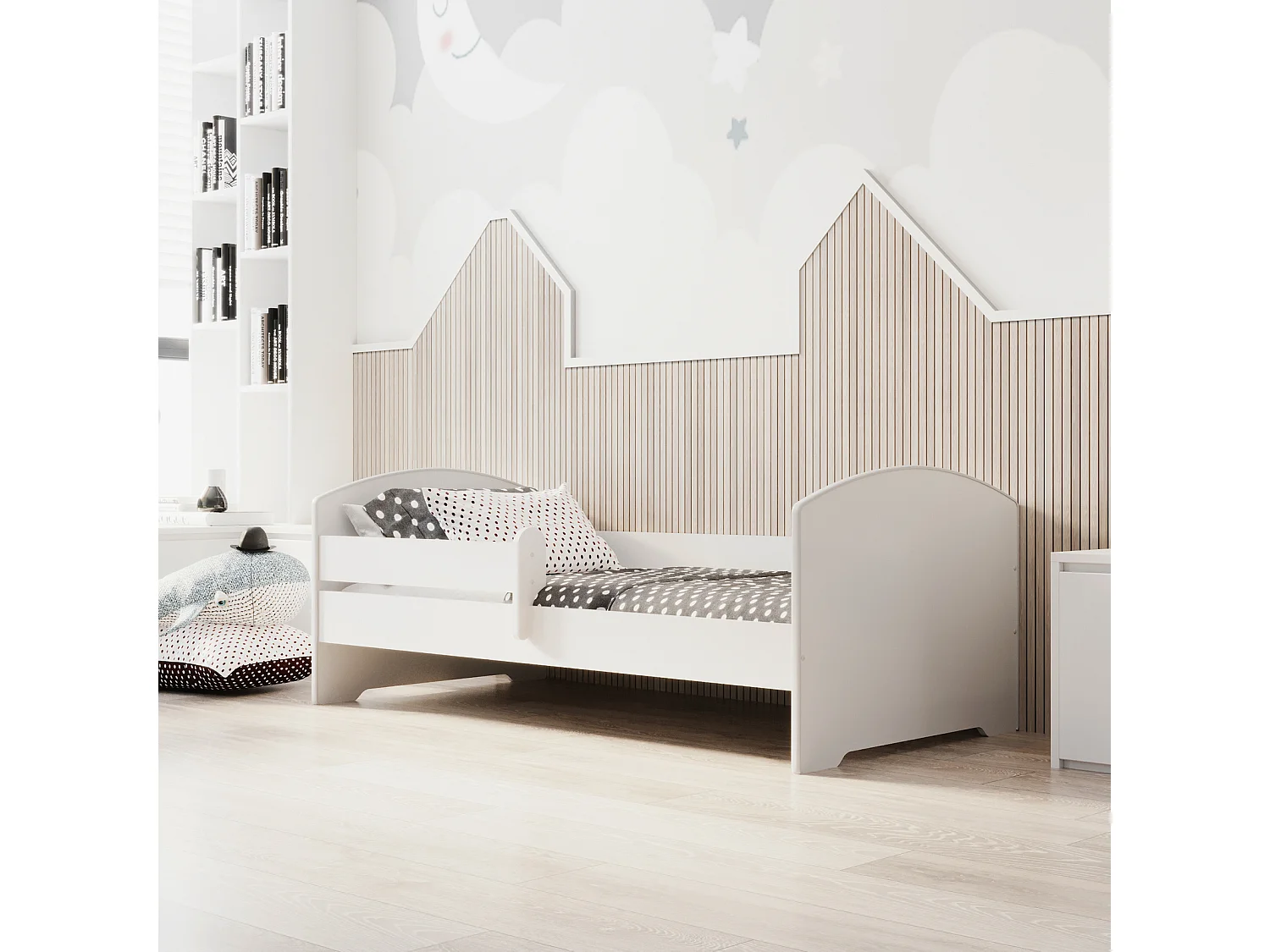 Cama Infantil Blanca 140x70 cm Moderno con Barandilla – Incluye Colchón de Espuma y Estructura Completa, Dimensiones 144 cm x77 cm x56 cm