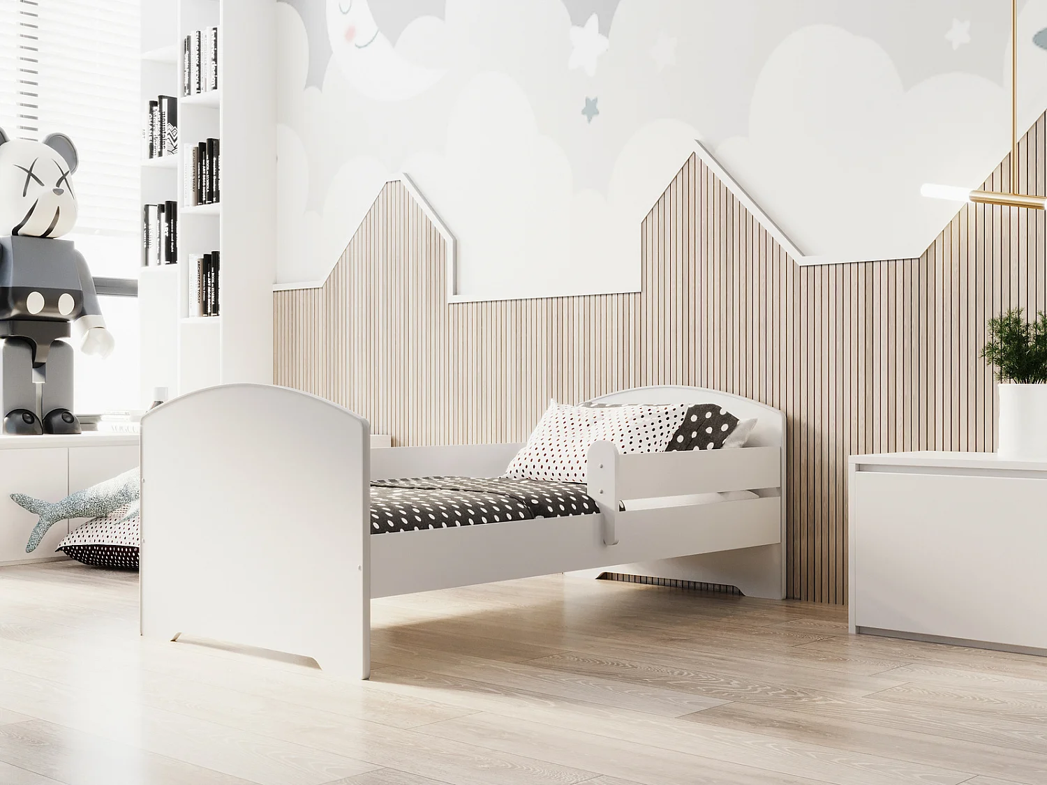 Cama Infantil Blanca 140x70 cm Moderno con Barandilla – Incluye Colchón de Espuma y Estructura Completa, Dimensiones 144 cm x77 cm x56 cm