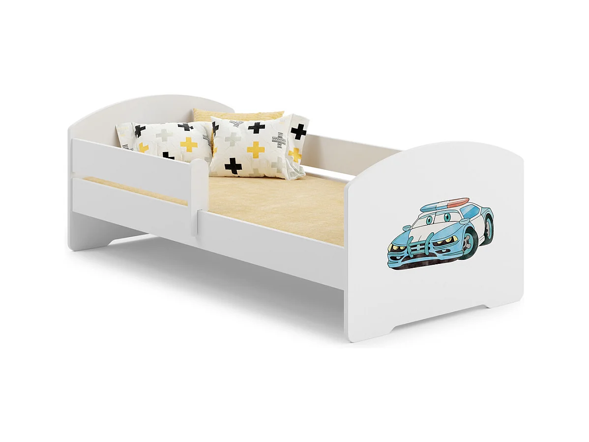 Cama Infantil Blanca 140x70 cm Dibujo Policía con Barandilla – Incluye Colchón de Espuma y Estructura Completa, Dimen: 144 cm x77 cm x56 cm