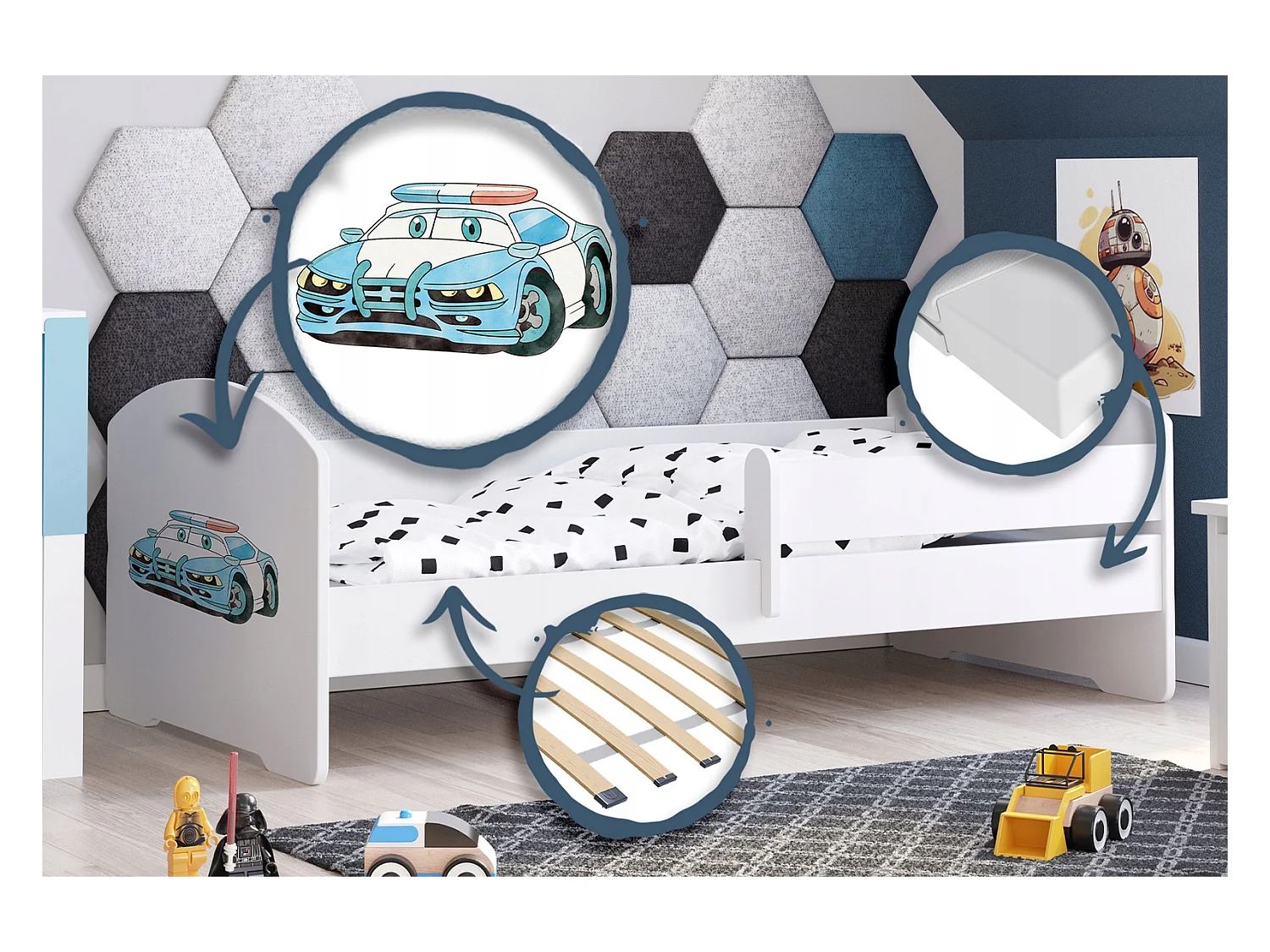 Cama Infantil Blanca 140x70 cm Dibujo Policía con Barandilla – Incluye Colchón de Espuma y Estructura Completa, Dimen: 144 cm x77 cm x56 cm