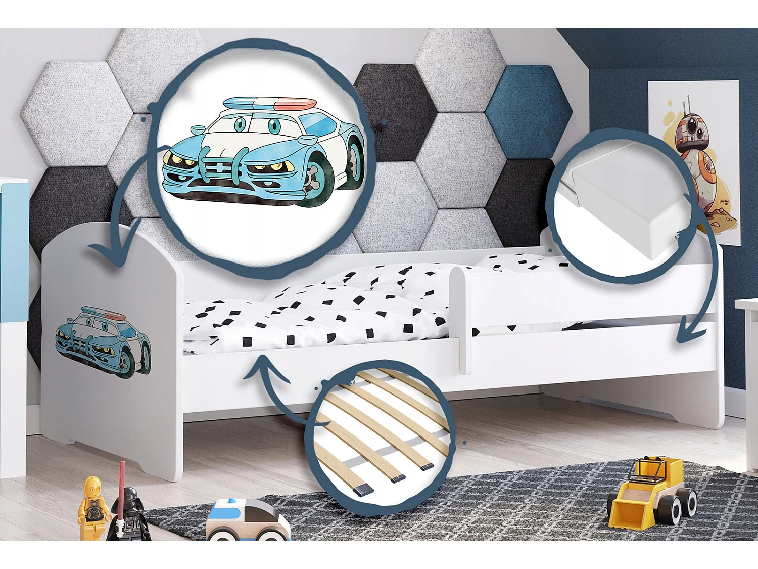 Cama Infantil Blanca 140x70 cm Dibujo Policía con Barandilla – Incluye Colchón de Espuma y Estructura Completa, Dimen: 144 cm x77 cm x56 cm