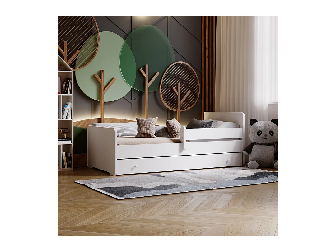 Cama Infantil Blanca 160x80 cm con Cajón y Barandilla – Incluye Colchón de Espuma 7 cm con Funda, Estructura Completa 164 cm x 84,5 cm x 63 cm