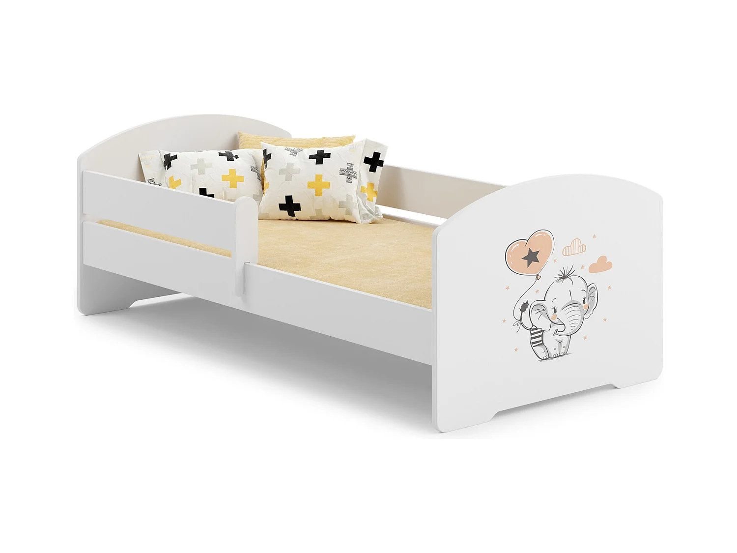 Cama Infantil Blanca 140x70 cm Dibujo Elefante con Barandilla – Incluye Colchón de Espuma y Estructura Completa, Dimensiones 144 cm x77 cm x56 cm