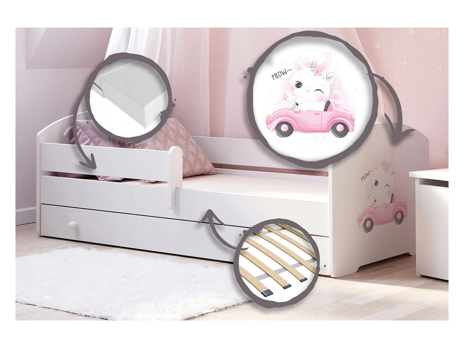 Cama Infantil Blanca Estilo Escandinavo Dibujo Gato 160x80 cm con Cajón – Incluye Colchón de Espuma, Base y Estructura Completa