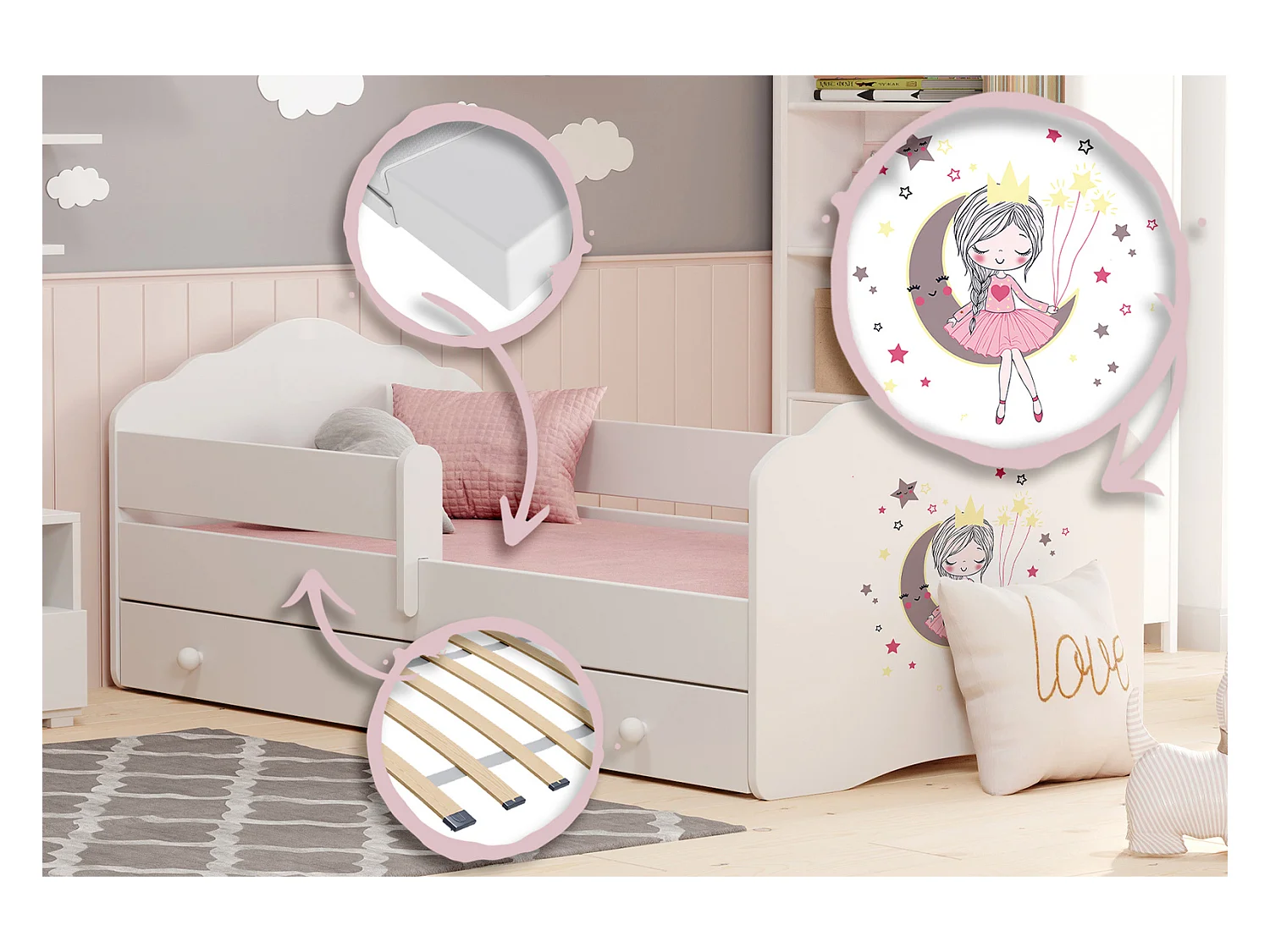 Cama Infantil Blanca 140x70 cm Dibujo Princesa Durmiente con Cajón y Barandilla – Incluye Colchón de Espuma, Estructura Completa 144x78x65 cm