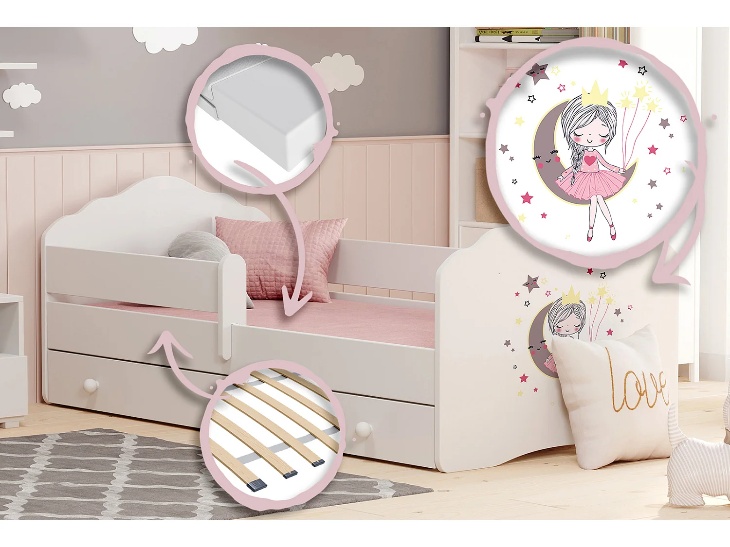 Cama Infantil Blanca 140x70 cm Dibujo Princesa Durmiente con Cajón y Barandilla – Incluye Colchón de Espuma, Estructura Completa 144x78x65 cm