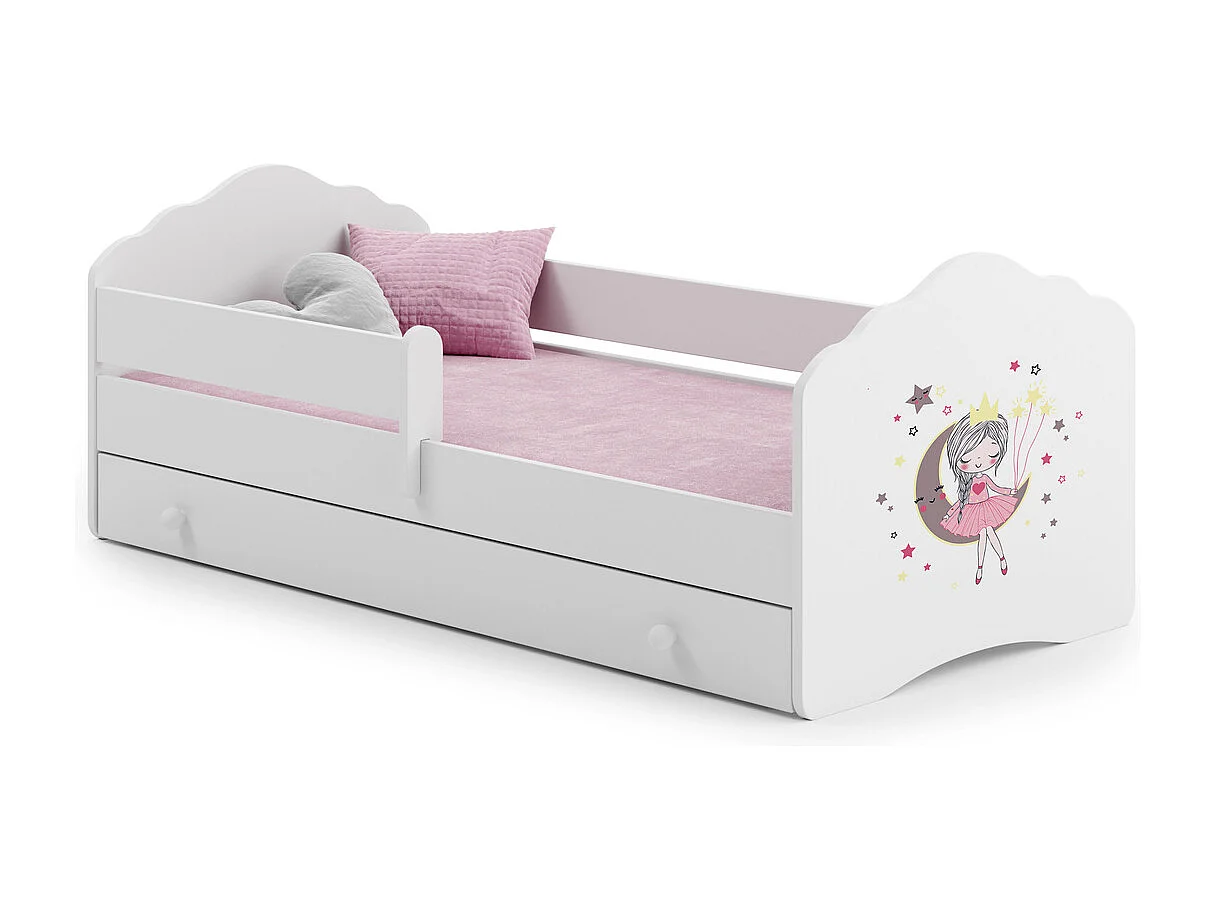 Cama Infantil Blanca 140x70 cm Dibujo Princesa Durmiente con Cajón y Barandilla – Incluye Colchón de Espuma, Estructura Completa 144x78x65 cm