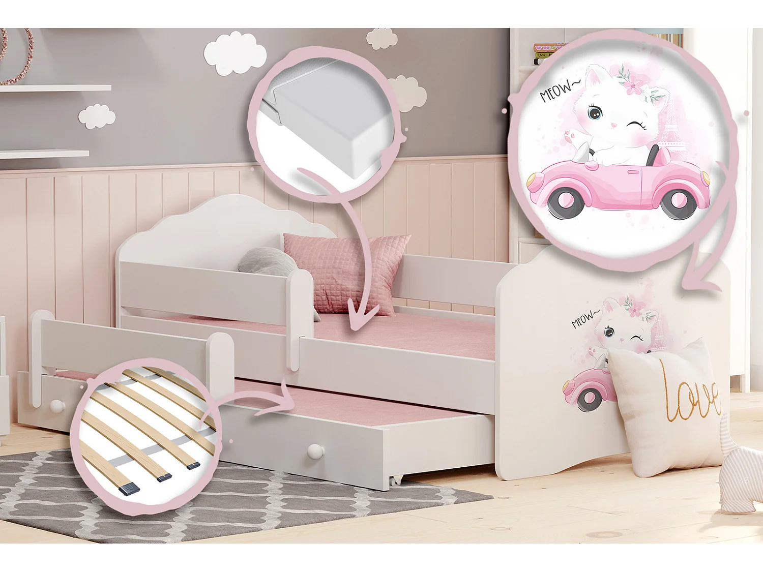 Cama Doble Infantil Blanca 160x80 cm Dibujo Gato con Barandilla – Cama Inferior 145x80 cm, Incluye 2 Colchones de Espuma y Estructura Completa