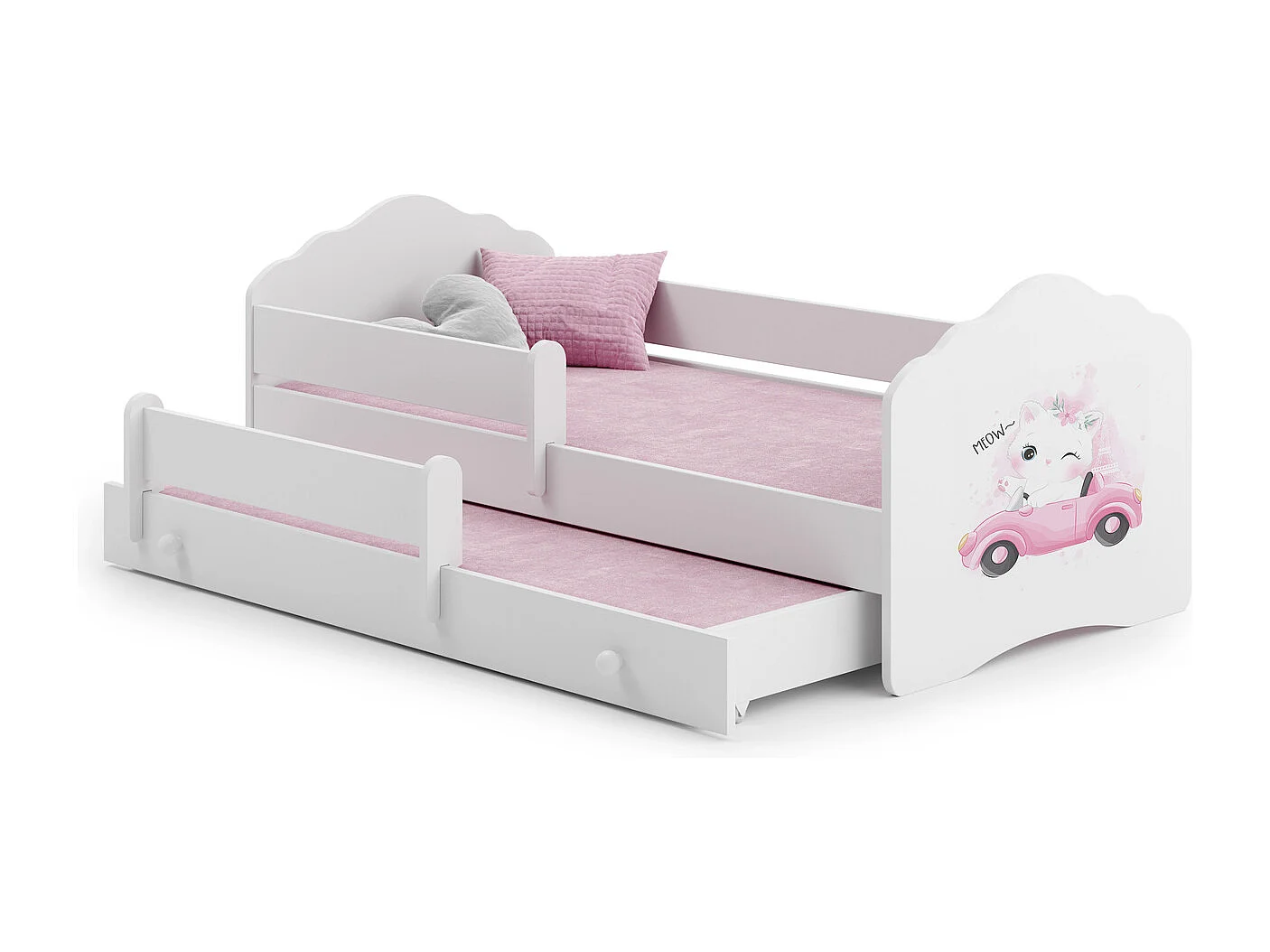 Cama Doble Infantil Blanca 160x80 cm Dibujo Gato con Barandilla – Cama Inferior 145x80 cm, Incluye 2 Colchones de Espuma y Estructura Completa