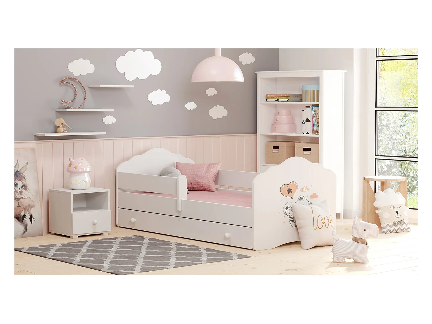 Cama Infantil Blanca 140x70 cm Dibujo Elefante con Cajón y Barandilla – Incluye Colchón de Espuma, Estructura Completa 144x78x65 cm, Diseño Seguro