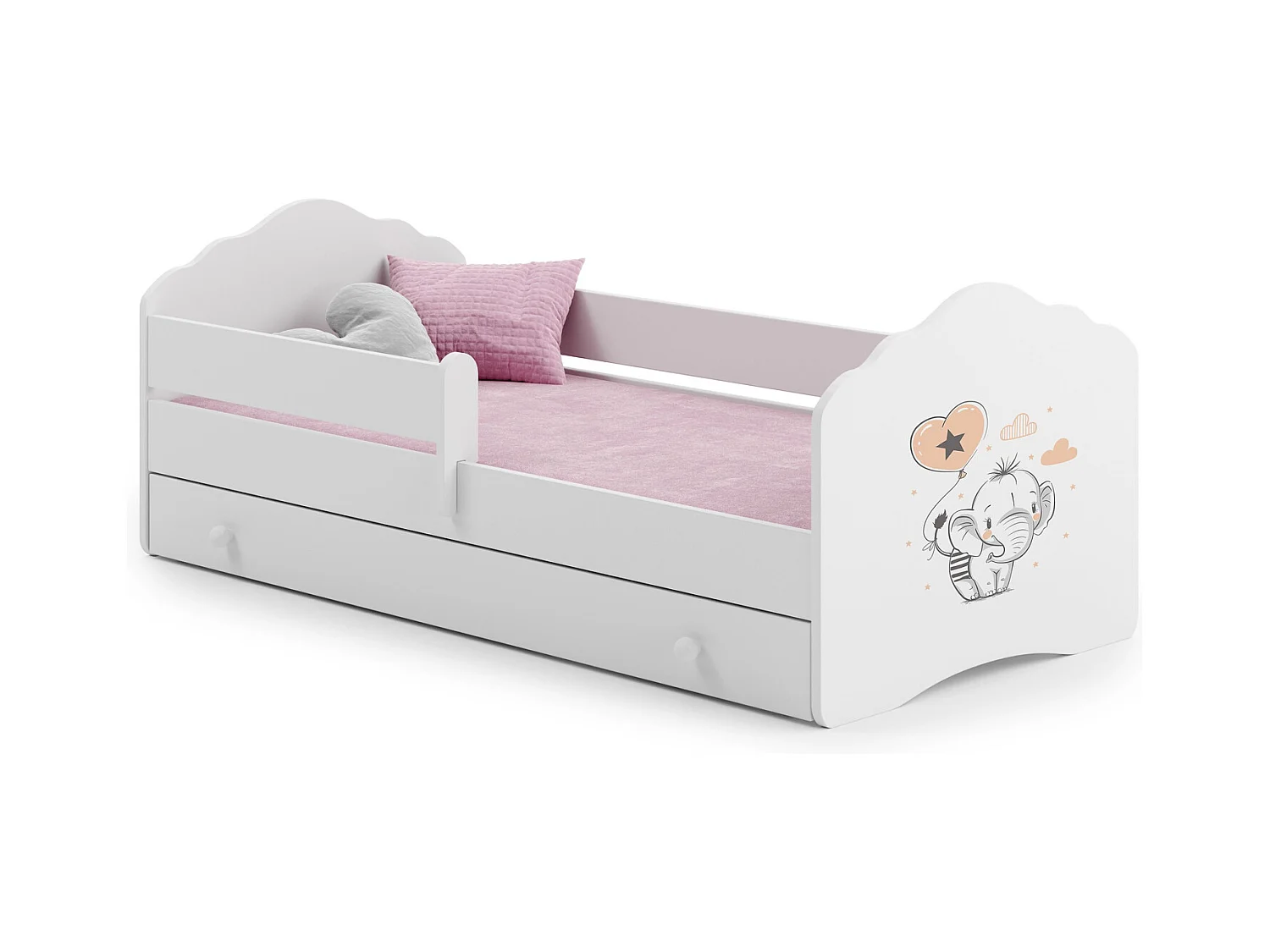 Cama Infantil Blanca 140x70 cm Dibujo Elefante con Cajón y Barandilla – Incluye Colchón de Espuma, Estructura Completa 144x78x65 cm, Diseño Seguro