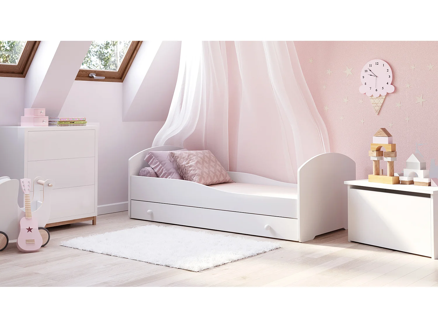 Cama Infantil Blanca 160x80 cm con Cajón y Laterales Perfilados – Incluye Colchón de Espuma, Estructura Completa 164x88x63 cm,Diseño Seguro y Compacto