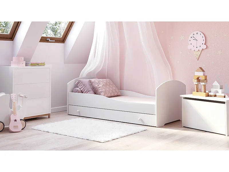 Cama Infantil Blanca 160x80 cm con Cajón y Laterales Perfilados – Incluye Colchón de Espuma, Estructura Completa 164x88x63 cm,Diseño Seguro y Compacto