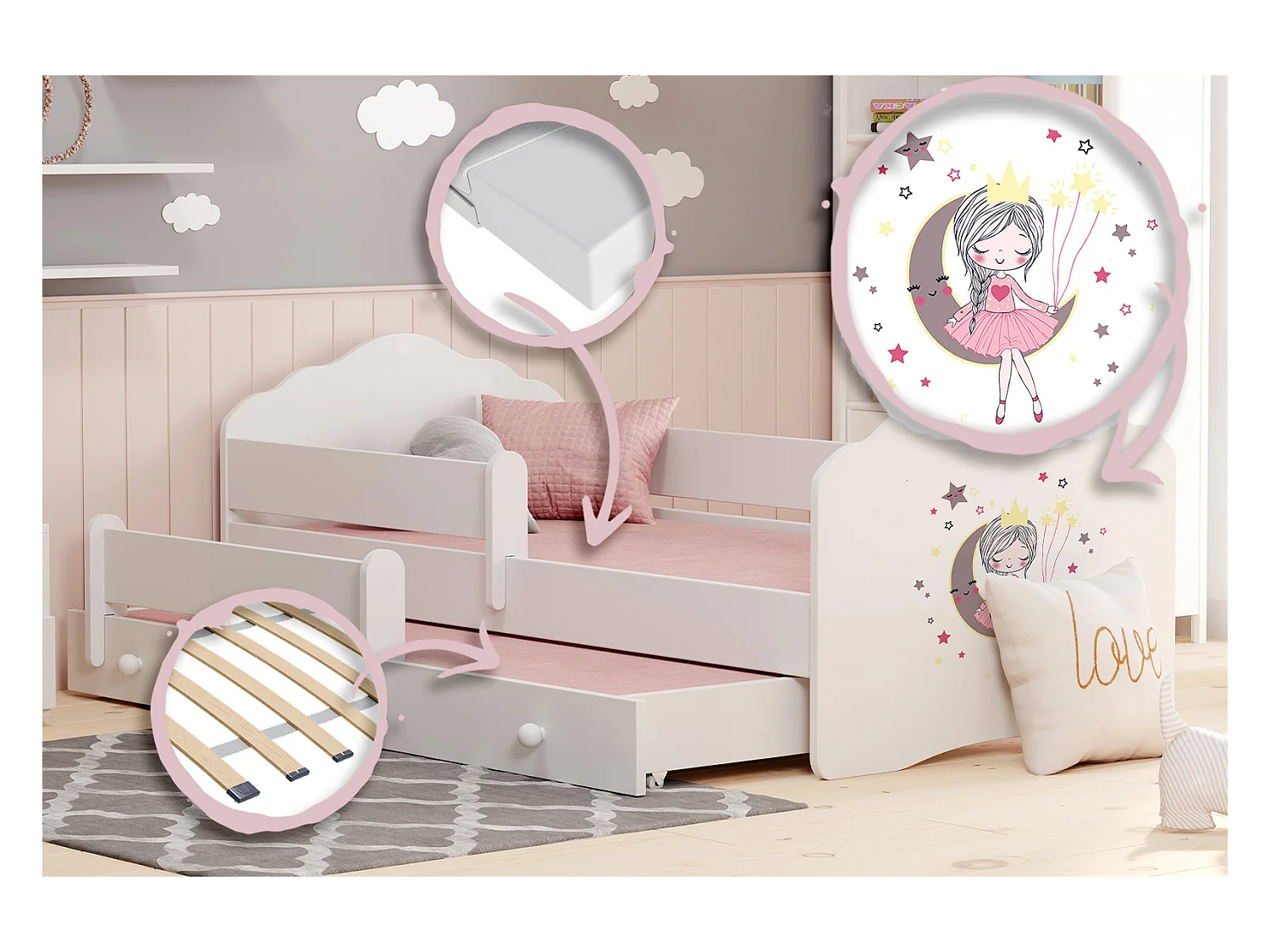 Cama Doble Infantil Blanca 160x80 cm Dibujo Princesa Durmiente con Barandilla – Cama Inferior 145x80 cm, Incluye 2 Colchones de Espuma