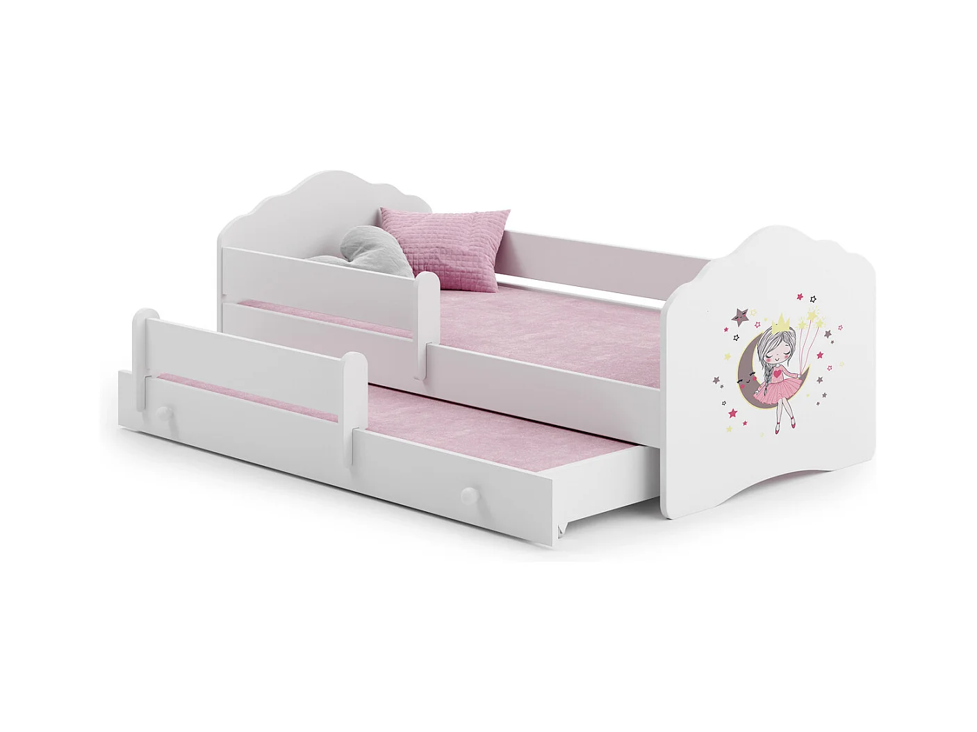 Cama Doble Infantil Blanca 160x80 cm Dibujo Princesa Durmiente con Barandilla – Cama Inferior 145x80 cm, Incluye 2 Colchones de Espuma