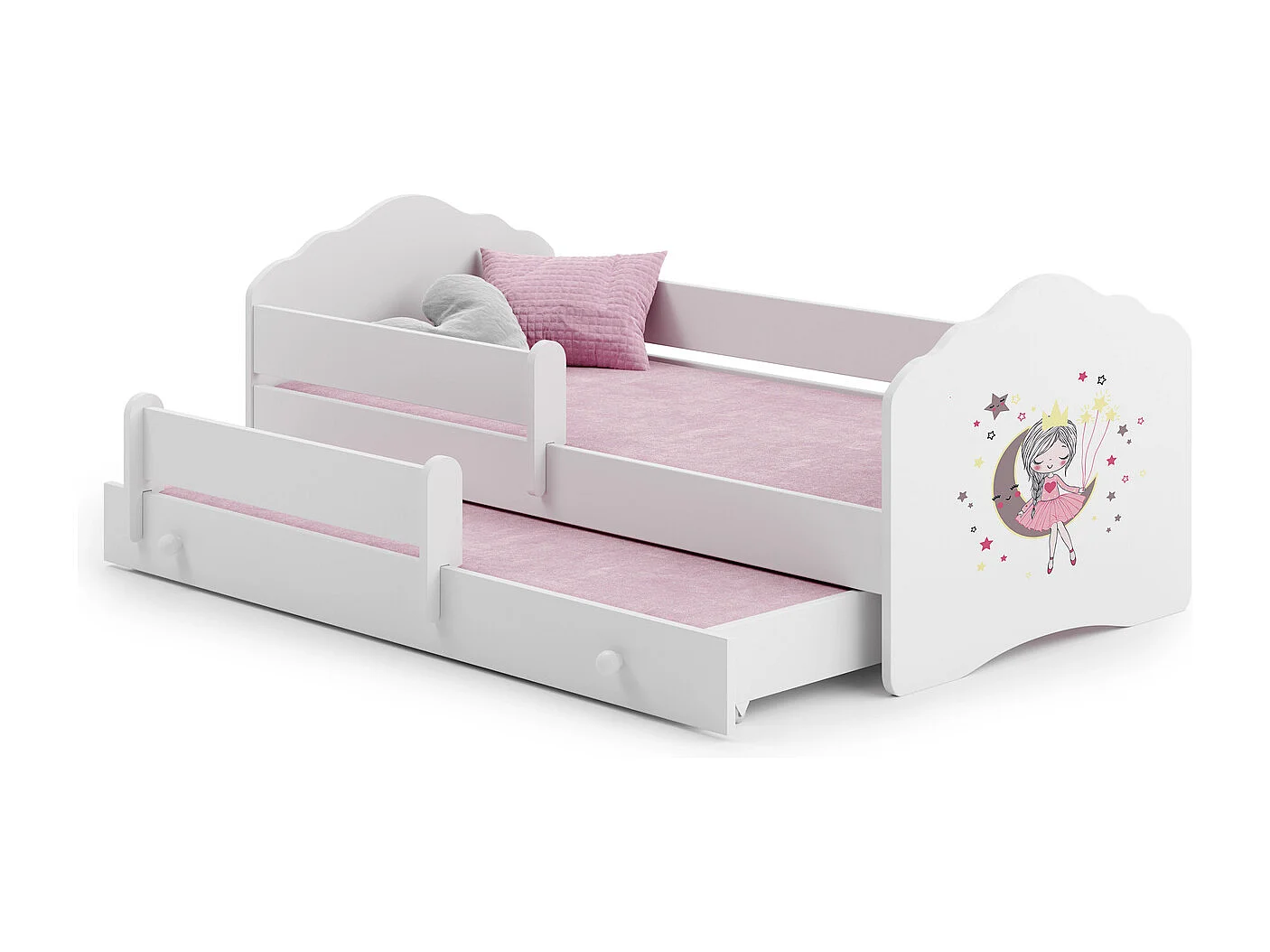 Cama Doble Infantil Blanca 160x80 cm Dibujo Princesa Durmiente con Barandilla – Cama Inferior 145x80 cm, Incluye 2 Colchones de Espuma
