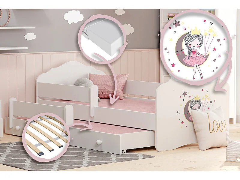 Cama Doble Infantil Blanca 160x80 cm Dibujo Princesa Durmiente con Barandilla – Cama Inferior 145x80 cm, Incluye 2 Colchones de Espuma