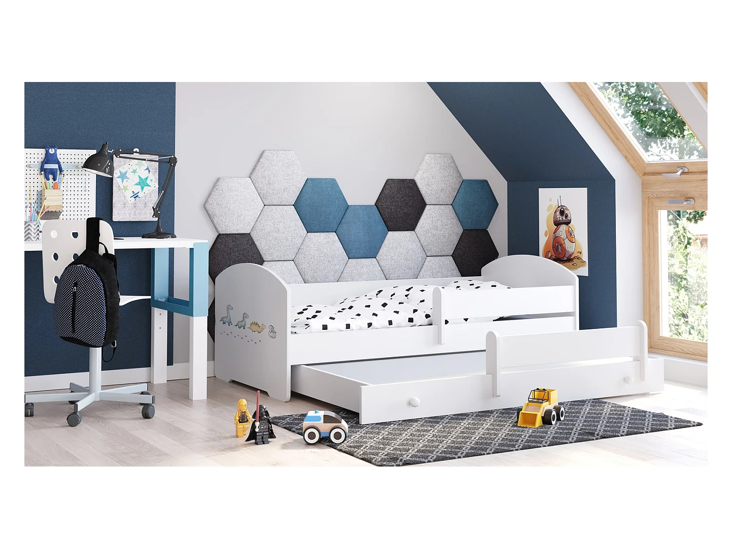 Cama Doble Infantil Blanca Dibujo Dinosaurios Con Barandillas 160x80 cm con Cama Inferior 145x80 cm – Incluye 2 Colchones y Estructuras