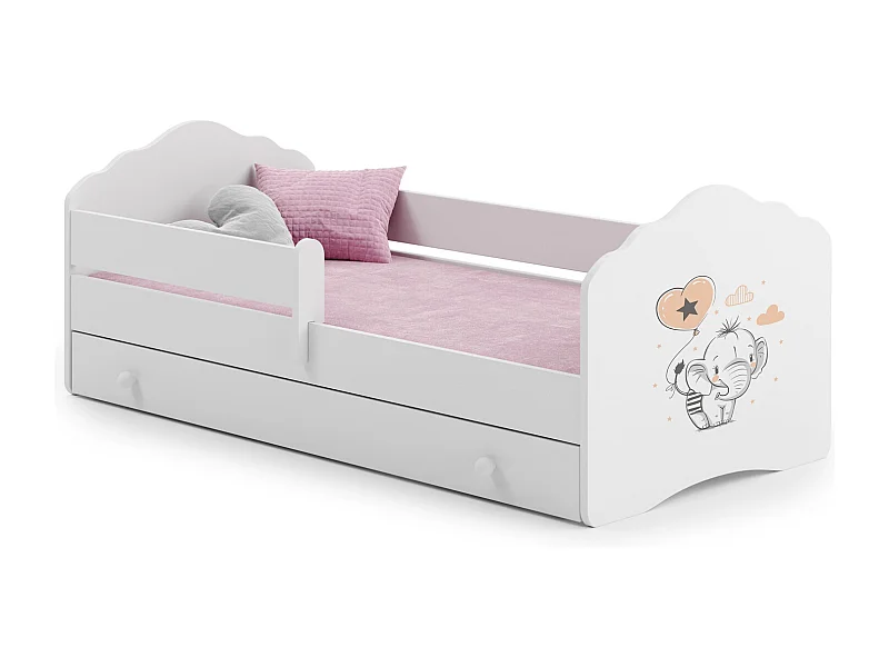Cama Infantil Blanca 160x80 cm Dibujo Elefante con Cajón y Barandilla – Incluye Colchón de Espuma, Estructura Completa 164x88x63 cm, Diseño Seguro