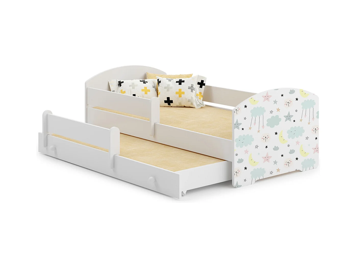 Cama Doble Infantil Blanca Dibujo Estrellas Con Barandillas 160x80 cm con Cama Inferior 145x80 cm – Incluye 2 Colchones y Estructuras