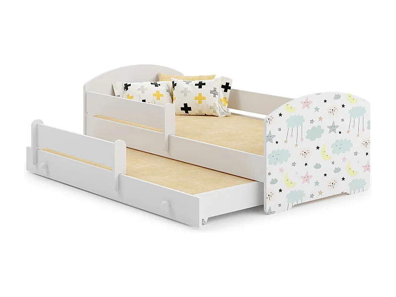 Cama Doble Infantil Blanca Dibujo Estrellas Con Barandillas 160x80 cm con Cama Inferior 145x80 cm – Incluye 2 Colchones y Estructuras