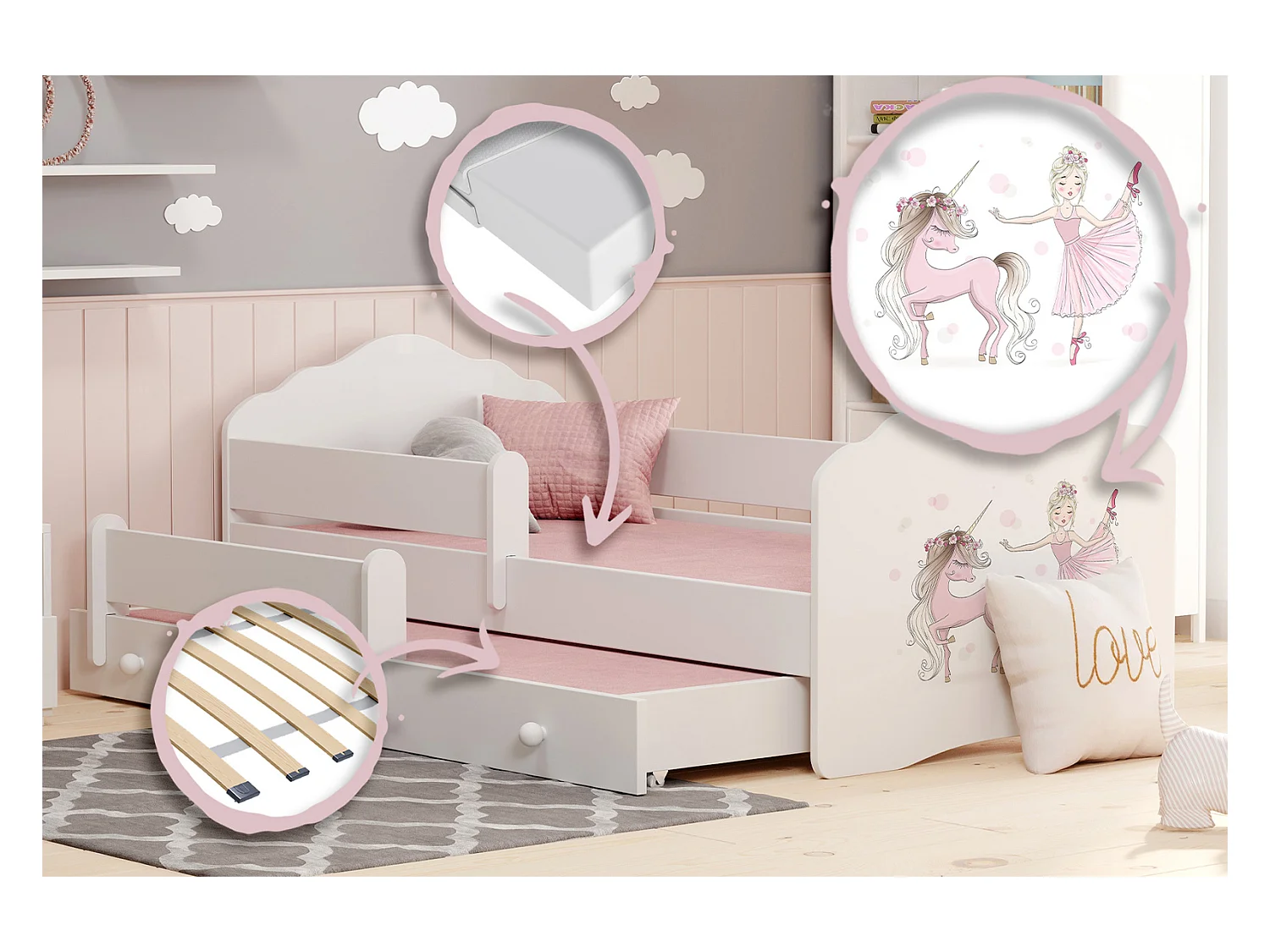 Cama Doble Infantil Blanca 160x80 cm Dibujo Niña con Unicornio con Barandilla – Cama Inferior 145x80 cm, Incluye 2 Colchones de Espuma