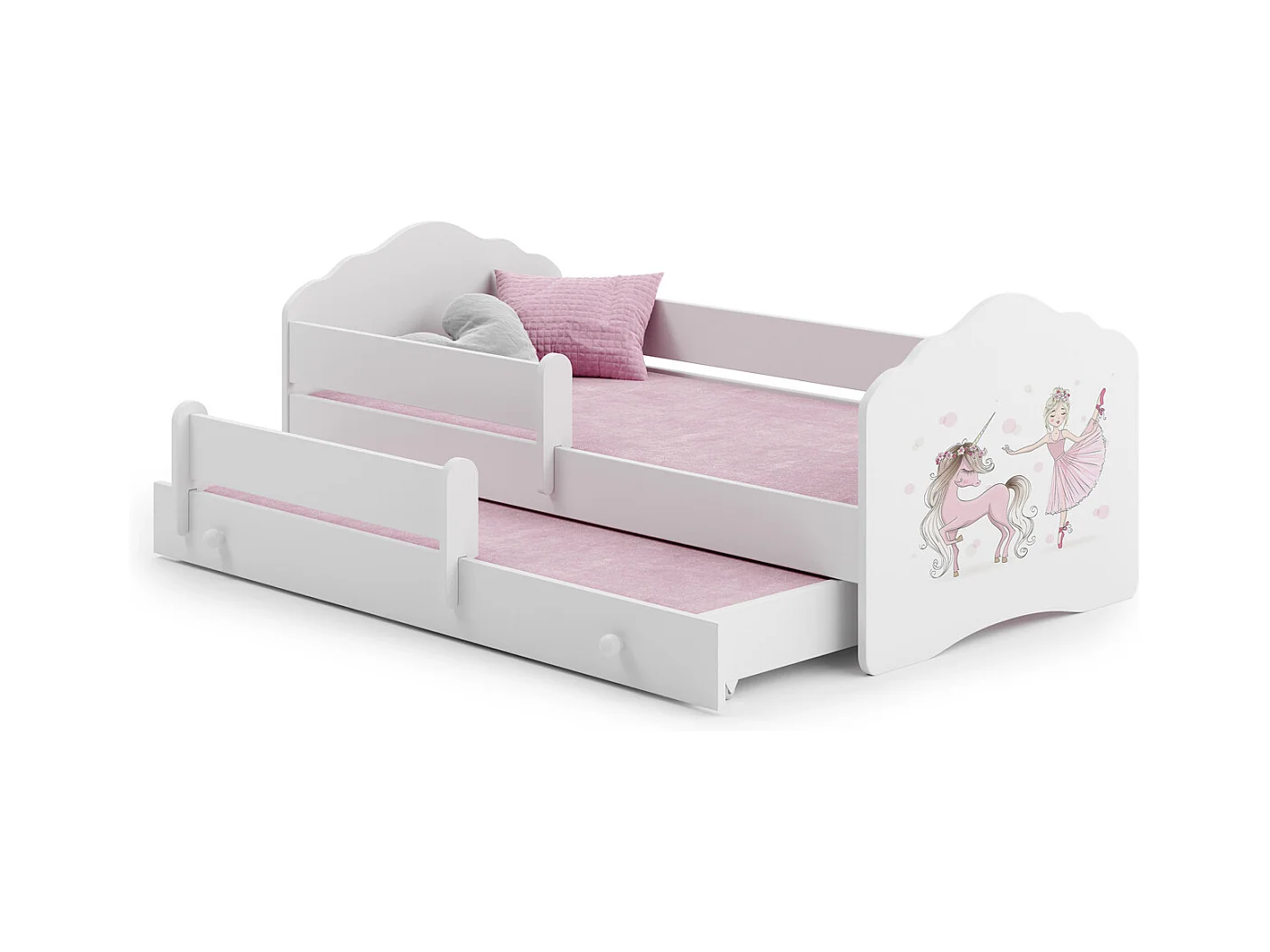 Cama Doble Infantil Blanca 160x80 cm Dibujo Niña con Unicornio con Barandilla – Cama Inferior 145x80 cm, Incluye 2 Colchones de Espuma