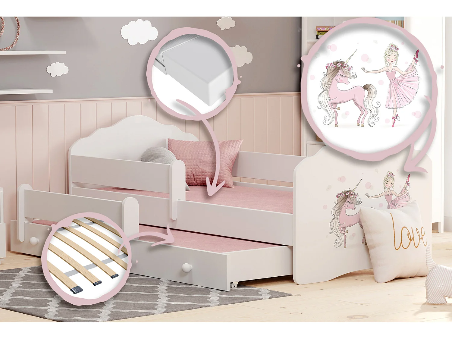 Cama Doble Infantil Blanca 160x80 cm Dibujo Niña con Unicornio con Barandilla – Cama Inferior 145x80 cm, Incluye 2 Colchones de Espuma