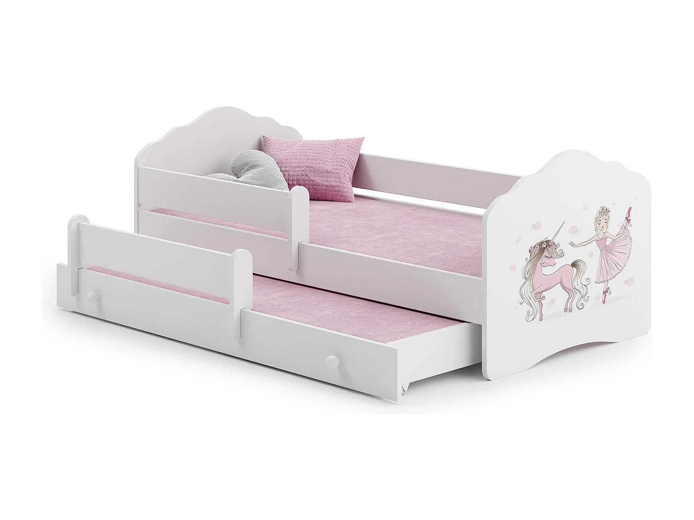 Cama Doble Infantil Blanca 160x80 cm Dibujo Niña con Unicornio con Barandilla – Cama Inferior 145x80 cm, Incluye 2 Colchones de Espuma