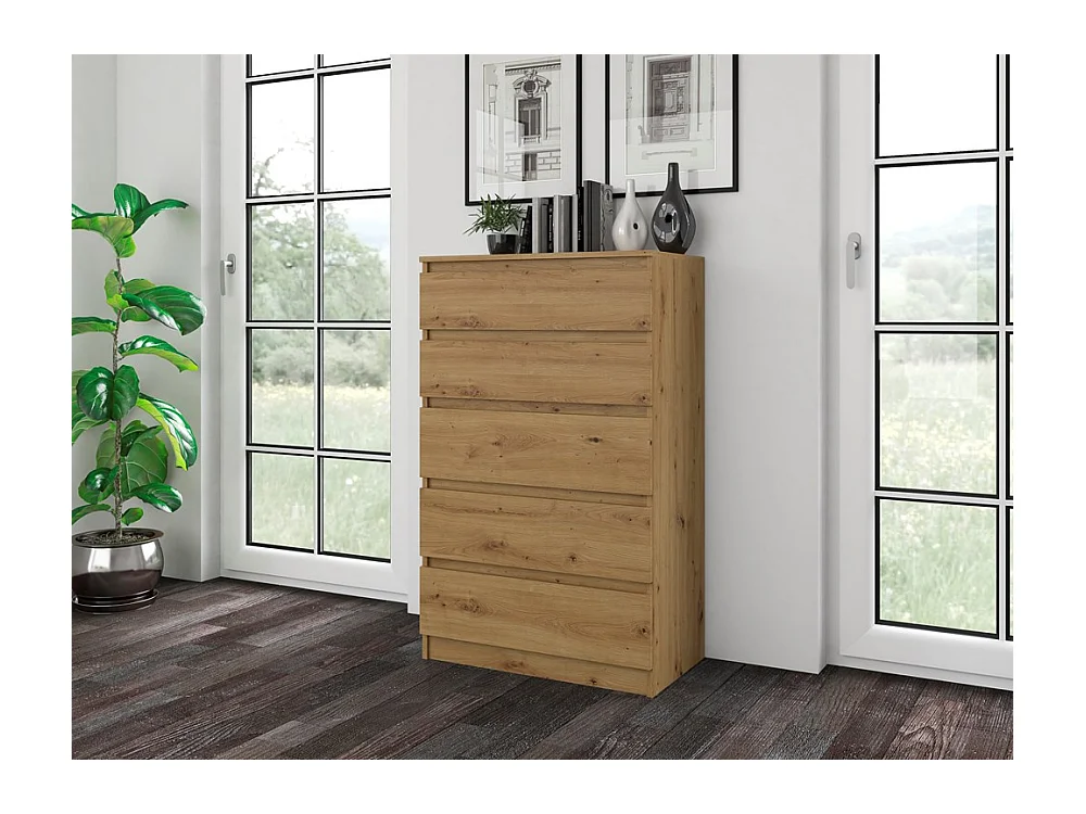 Cómoda de Dormitorio Moderna 70x109,5x40 cm – 5 Cajones con Guías Suaves – Color Roble Artesano