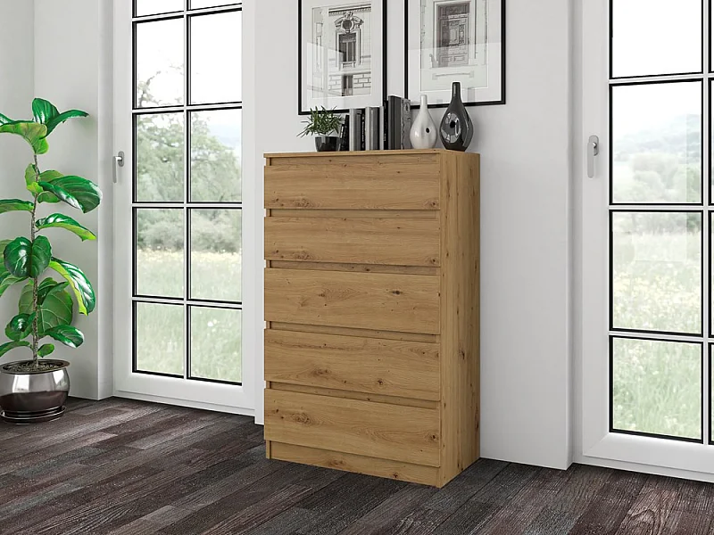 Cómoda de Dormitorio Moderna 70x109,5x40 cm – 5 Cajones con Guías Suaves – Color Roble Artesano