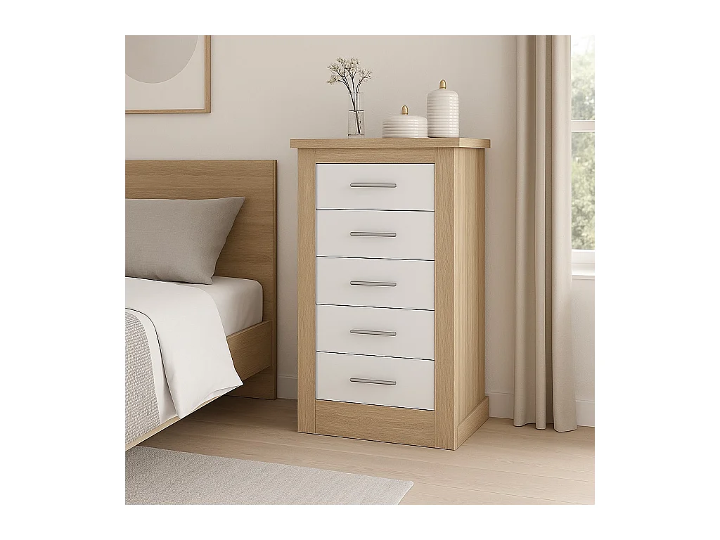 Cómoda, Sinfonier 5 Cajones, Acabado en Blanco y Cambrian, Medidas: 66 cm (Ancho) x 107 cm (Alto) x 39,6 cm de (Fondo)