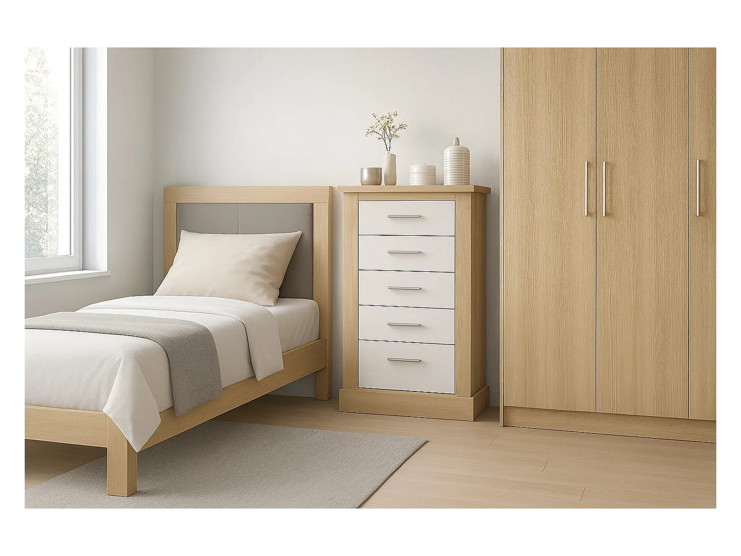 Cómoda, Sinfonier 5 Cajones, Acabado en Blanco y Cambrian, Medidas: 66 cm (Ancho) x 107 cm (Alto) x 39,6 cm de (Fondo)