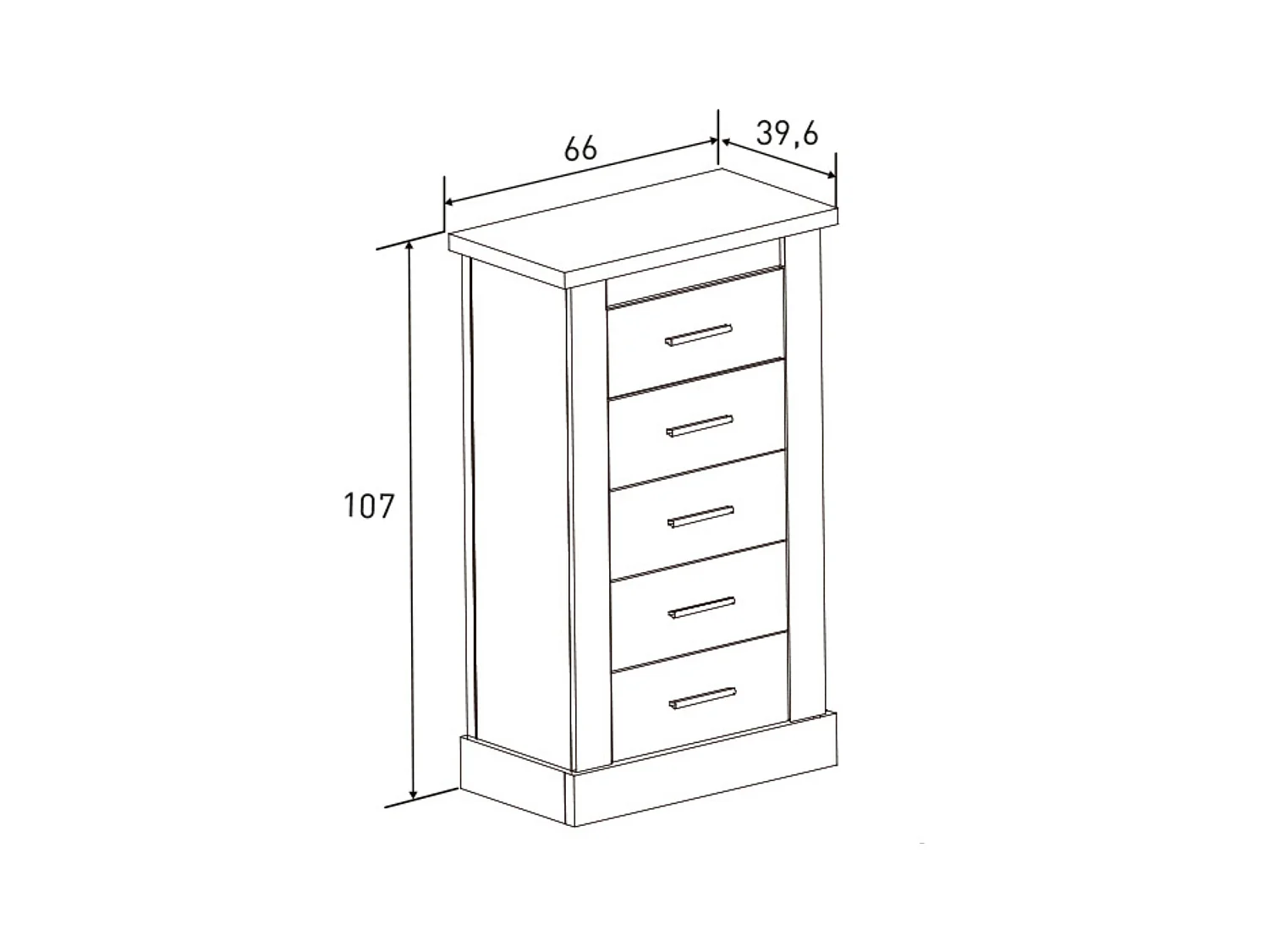 Cómoda, Sinfonier 5 Cajones, Acabado en Blanco y Cambrian, Medidas: 66 cm (Ancho) x 107 cm (Alto) x 39,6 cm de (Fondo)