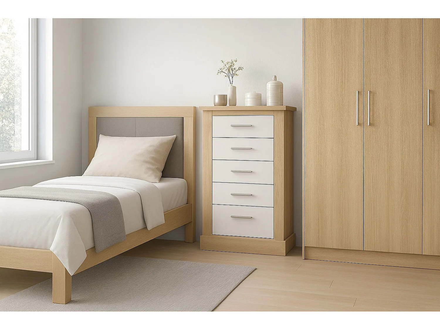 Cómoda, Sinfonier 5 Cajones, Acabado en Blanco y Cambrian, Medidas: 66 cm (Ancho) x 107 cm (Alto) x 39,6 cm de (Fondo)