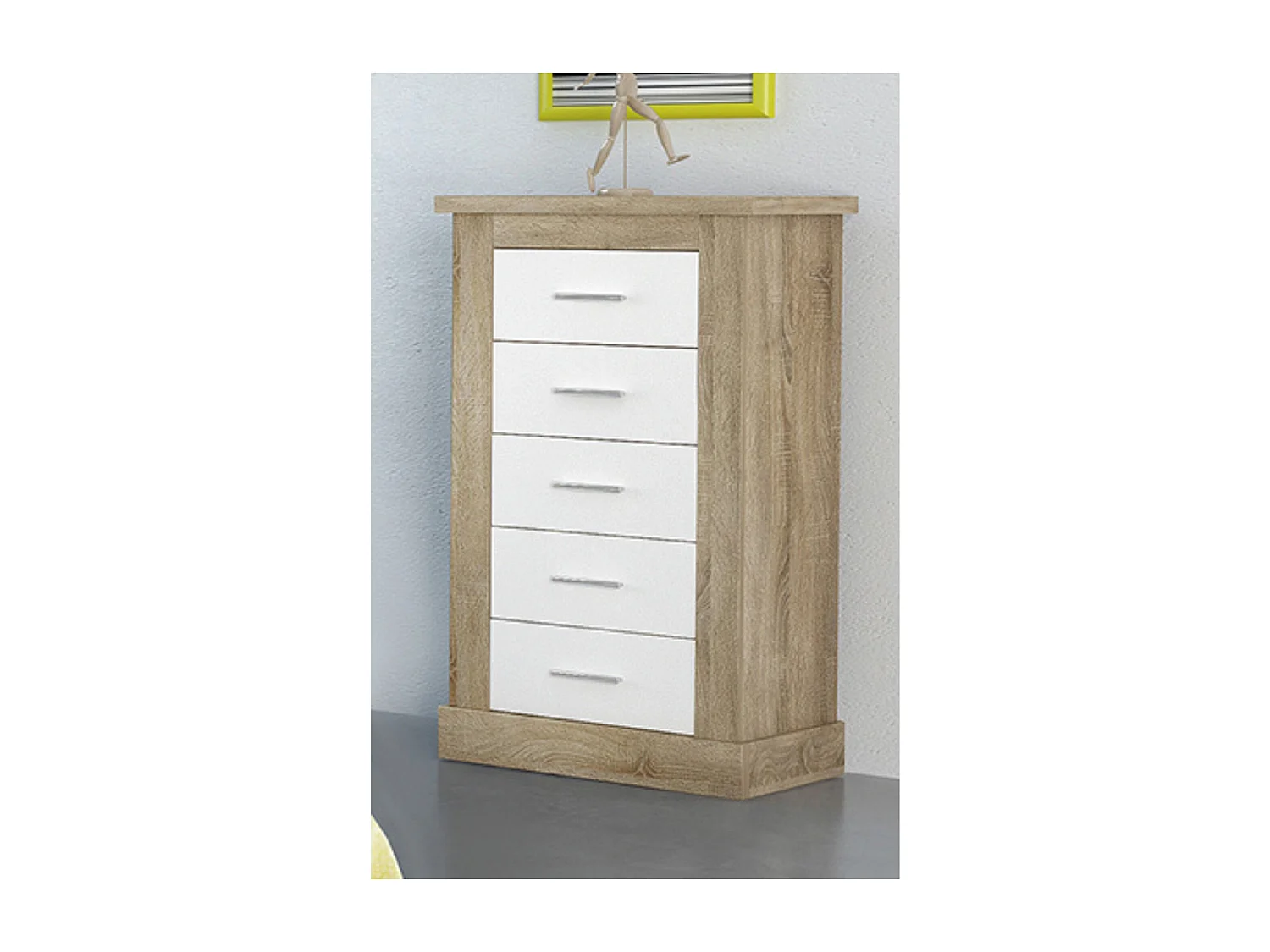 Cómoda, Sinfonier 5 Cajones, Acabado en Blanco y Cambrian, Medidas: 66 cm (Ancho) x 107 cm (Alto) x 39,6 cm de (Fondo)