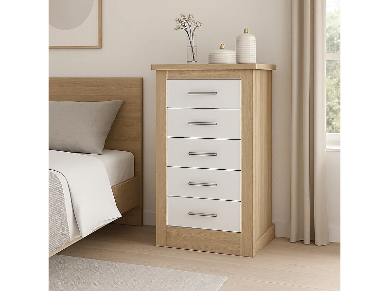 Cómoda, Sinfonier 5 Cajones, Acabado en Blanco y Cambrian, Medidas: 66 cm (Ancho) x 107 cm (Alto) x 39,6 cm de (Fondo)